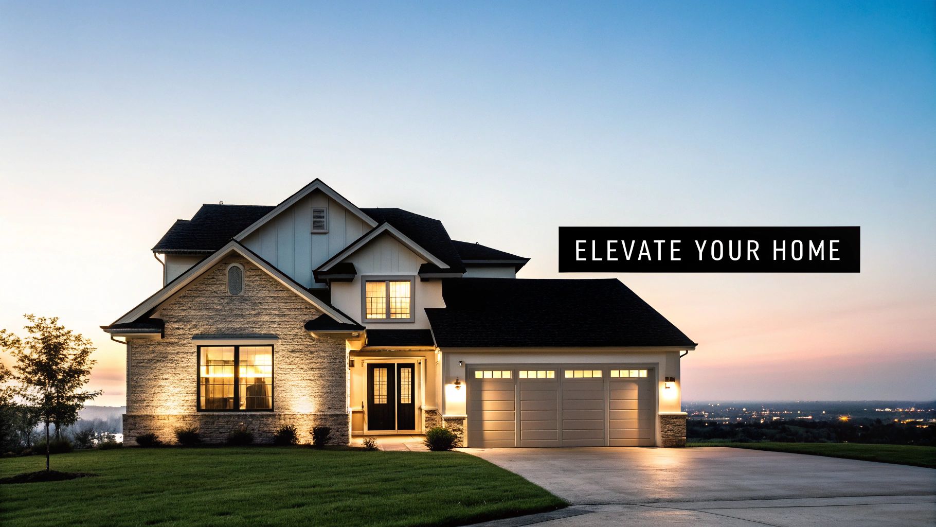 Evening view of a modern house with elegant roofline and accent lighting, showcasing its architecture.