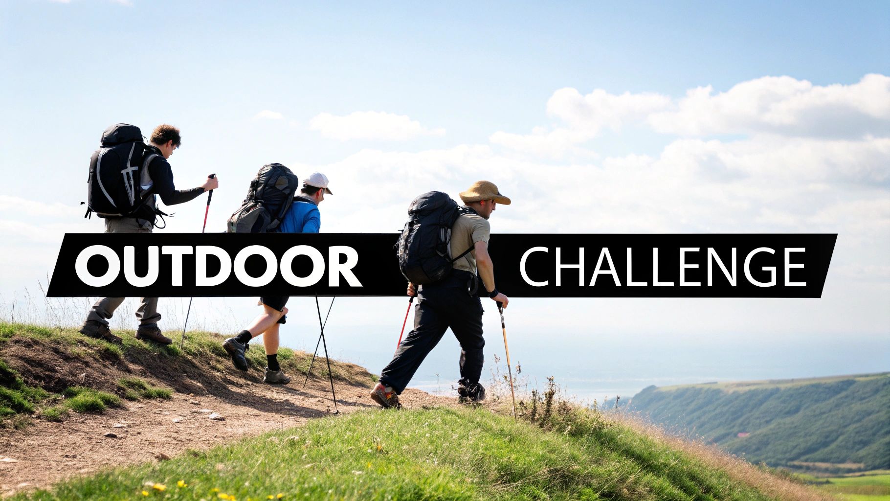 Three people with backpacks and trekking poles hiking outdoors, with 'OUTDOOR CHALLENGE' text overlay.