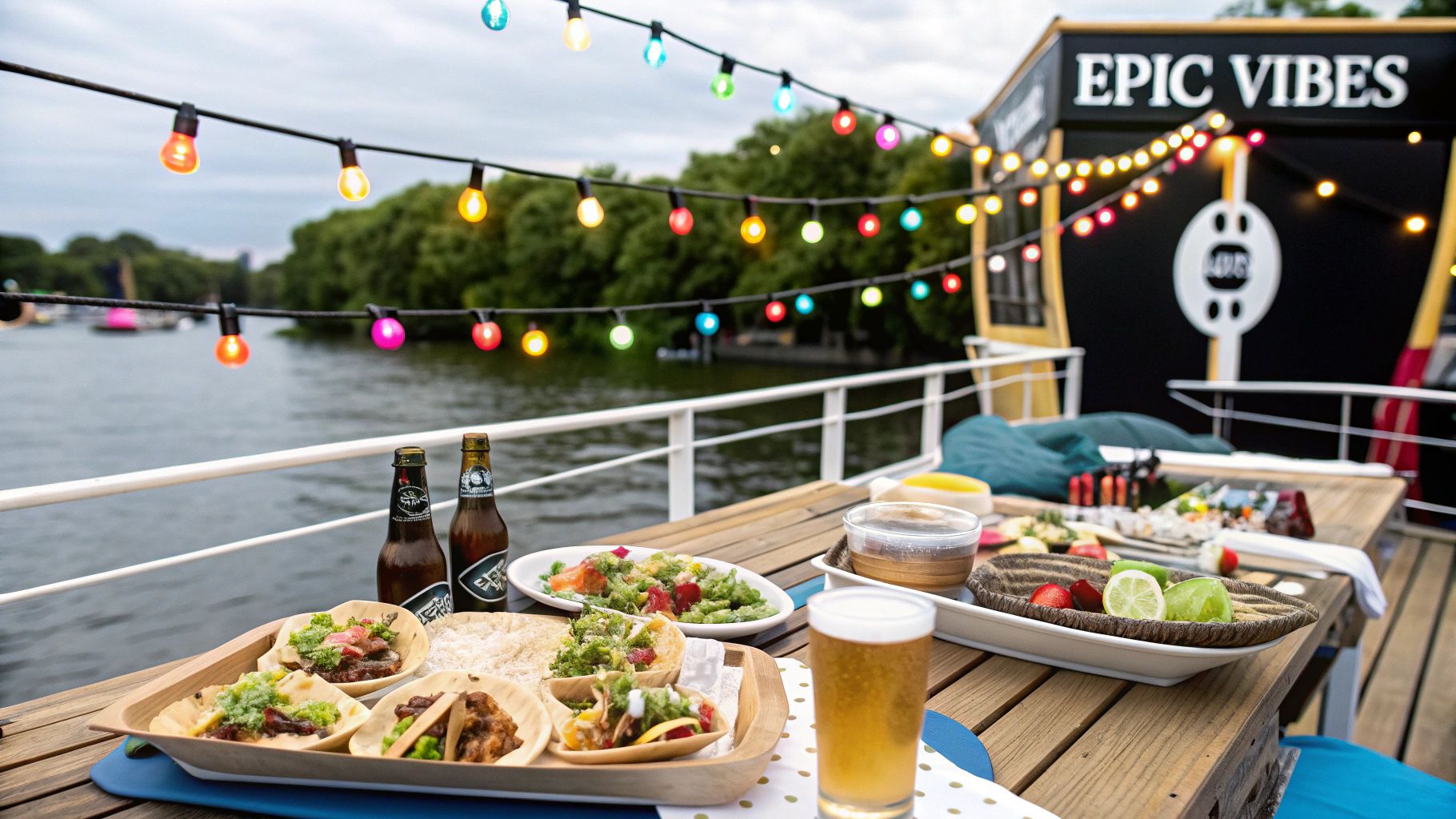 Guests enjoying catered food and drinks on a party boat in Austin Texas