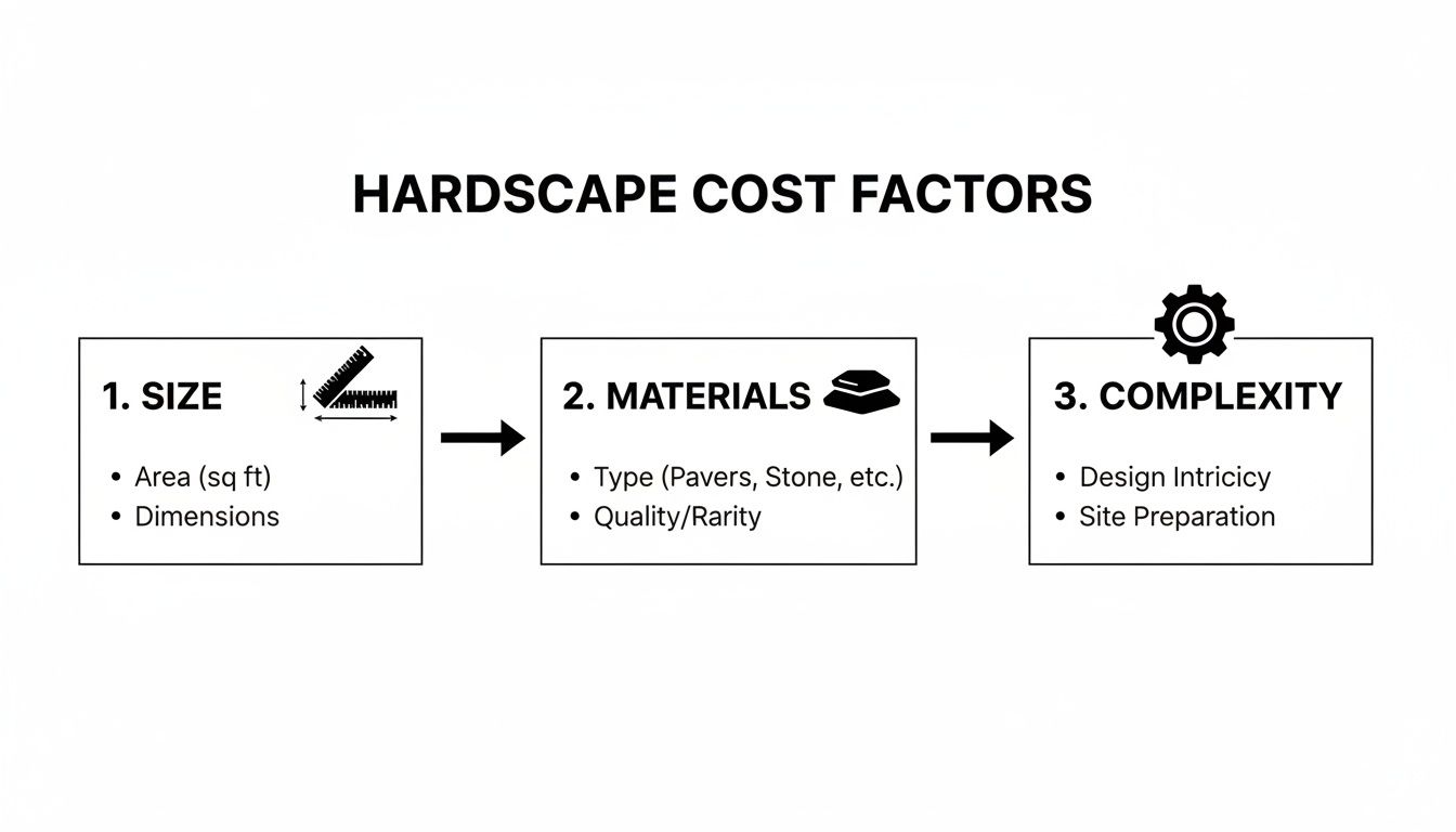 Infographic outlining hardscape cost factors including size, materials, complexity, design intricacy, and site preparation.