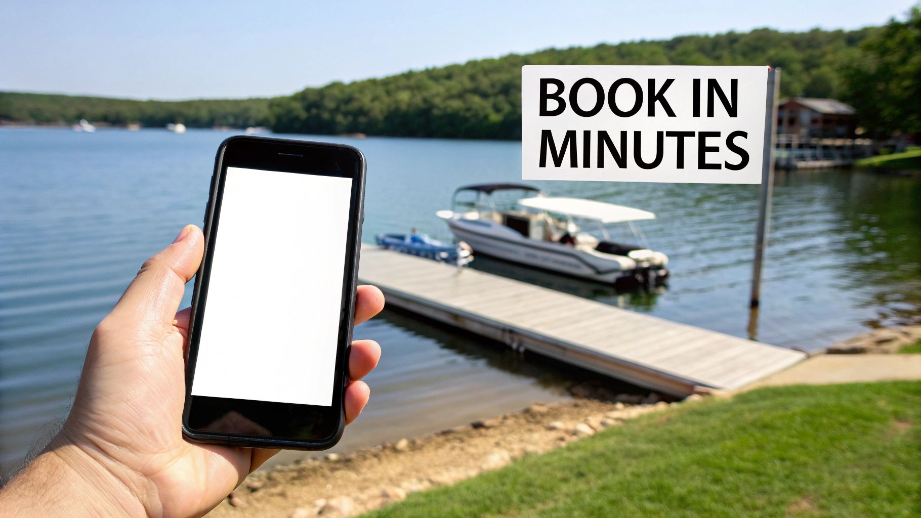 Hand holding a smartphone overlooking a lake with a pontoon boat, dock, and 'BOOK IN MINUTES' sign.