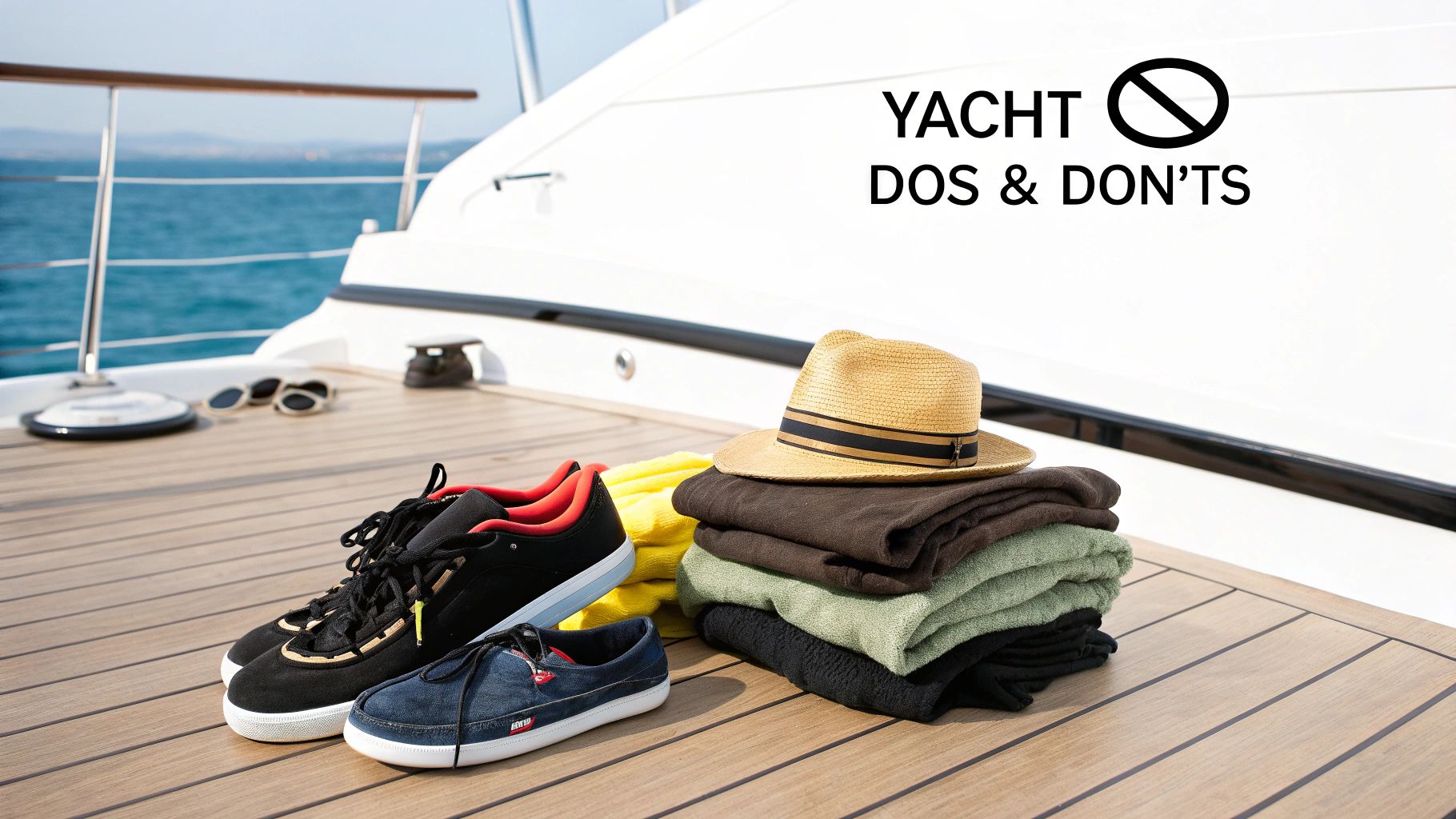 A straw hat, folded clothes, two pairs of shoes, and sunglasses on a yacht deck.