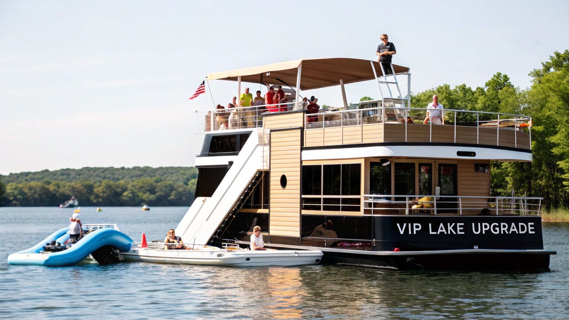 People enjoy a sunny day on a 'VIP Lake Upgrade' houseboat with a water slide on a lake.