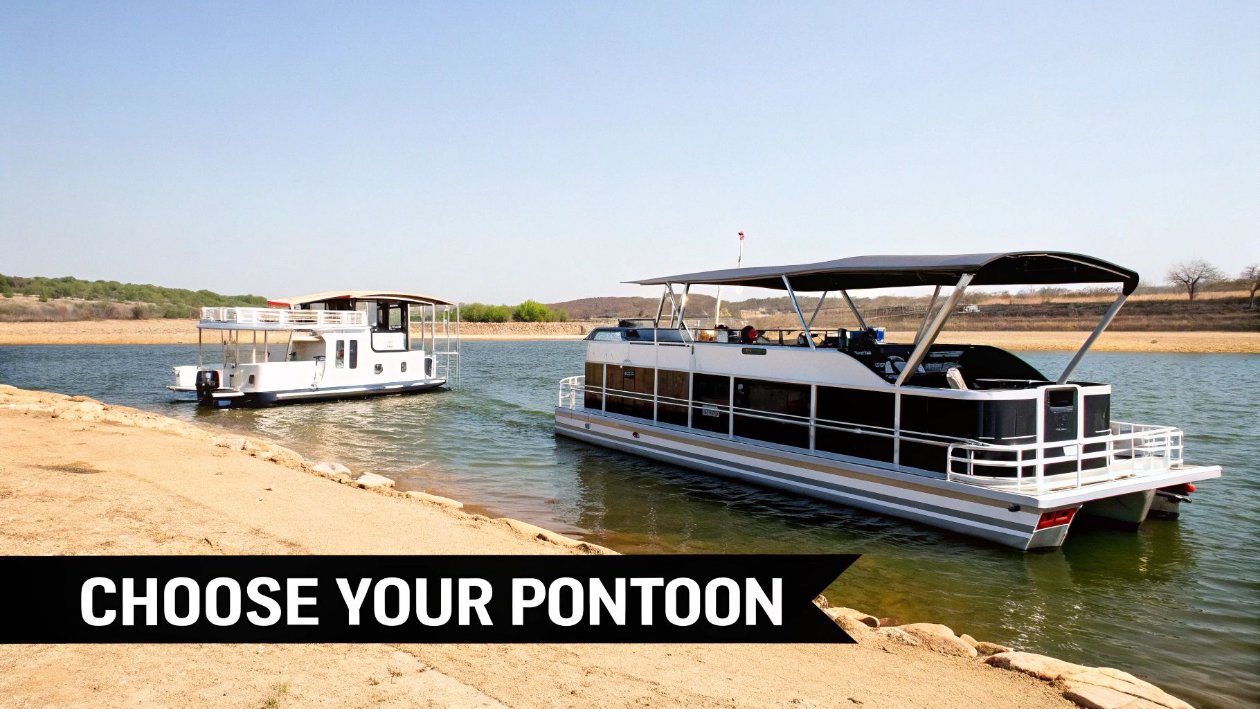 Two pontoon boats float on a calm lake near a sandy shore under a clear sky.