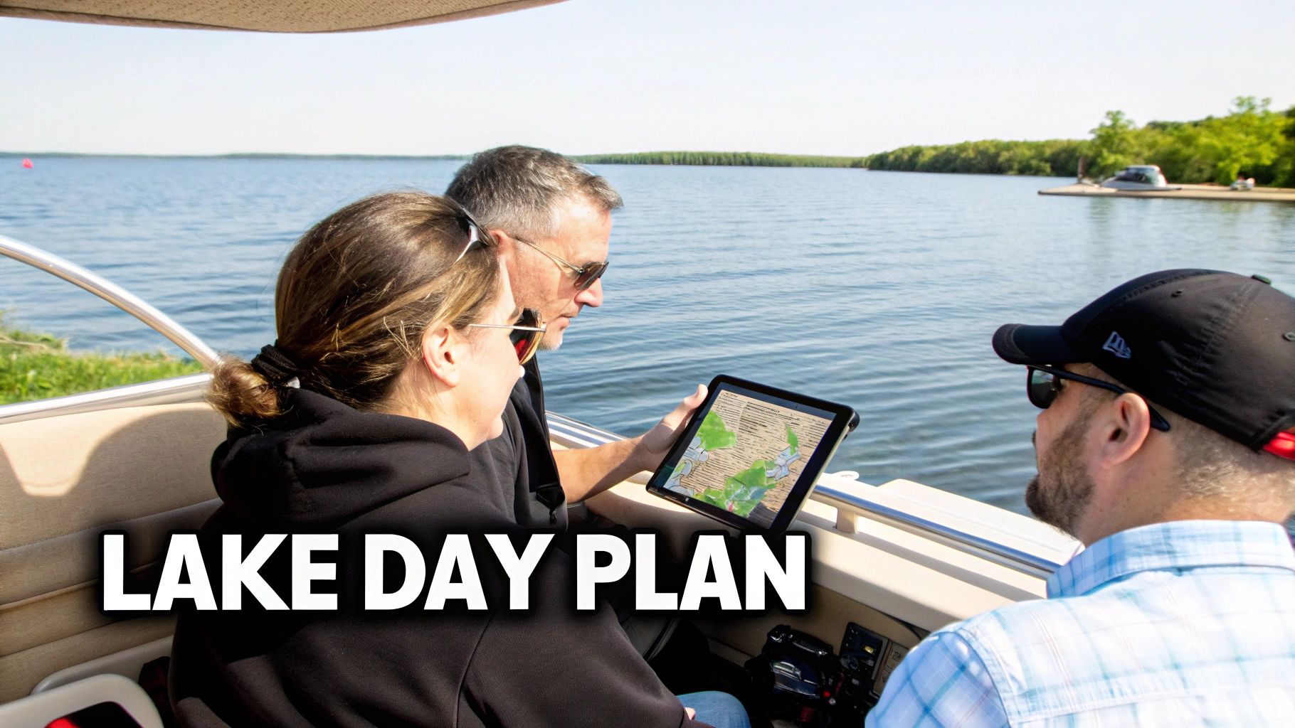 Three people on a pontoon boat looking at a tablet with a map for a lake day plan.