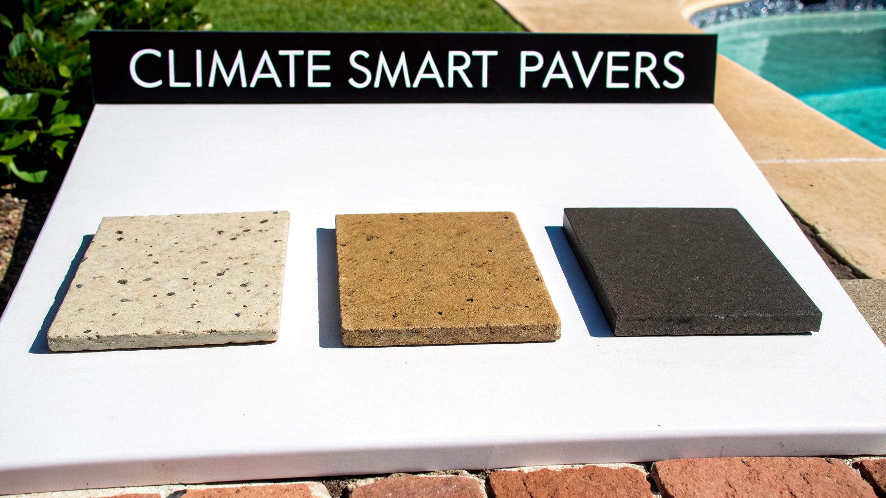 Three samples of climate-smart pavers in light, tan, and dark colors displayed outdoors.