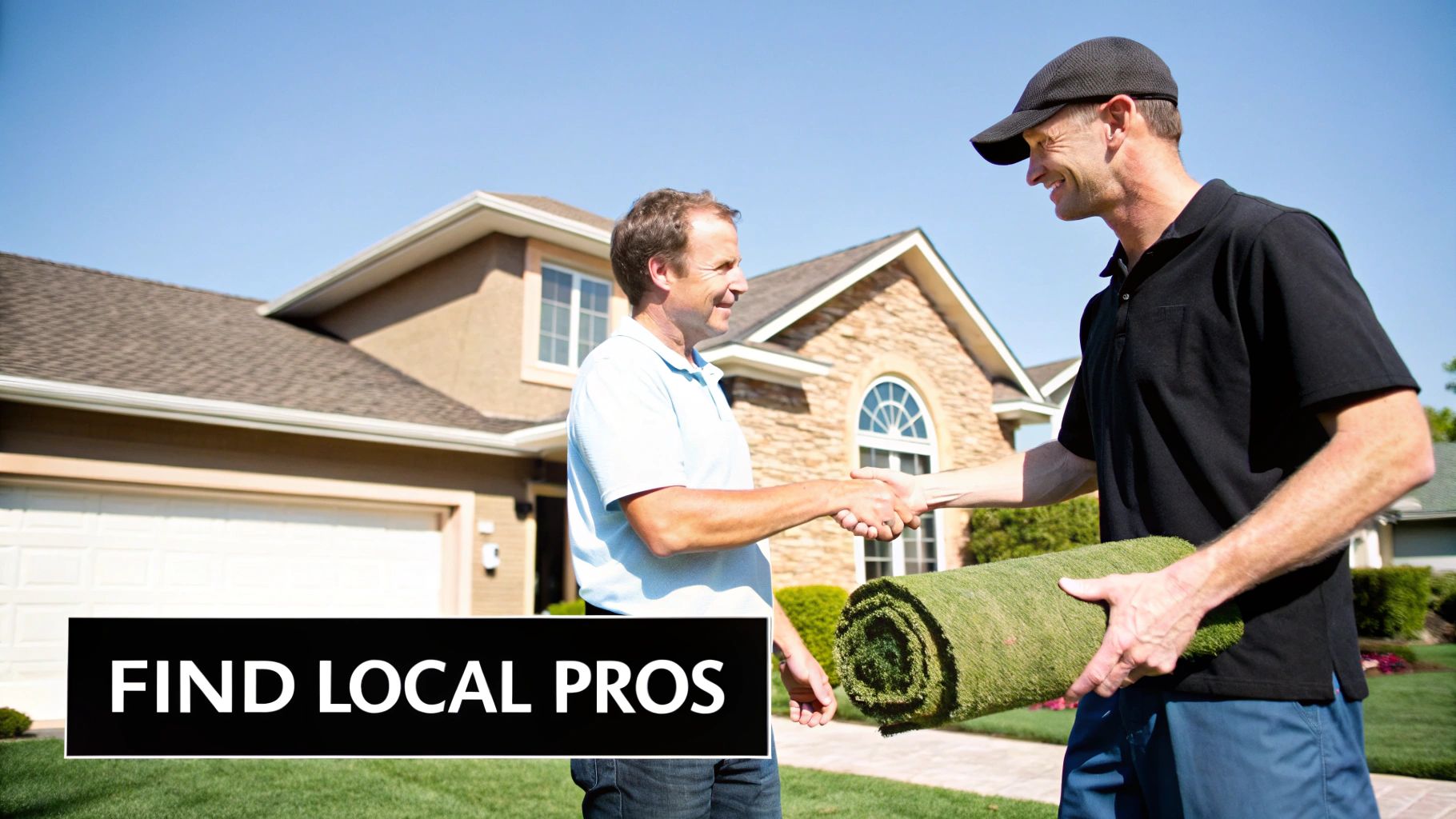 Two men, one holding a roll of turf, shake hands in front of a house, representing a local landscaping service.