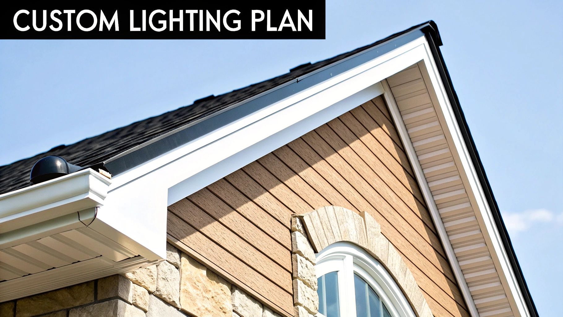 Close-up of a modern house exterior with white eaves, brown siding, black roof, and stone details.