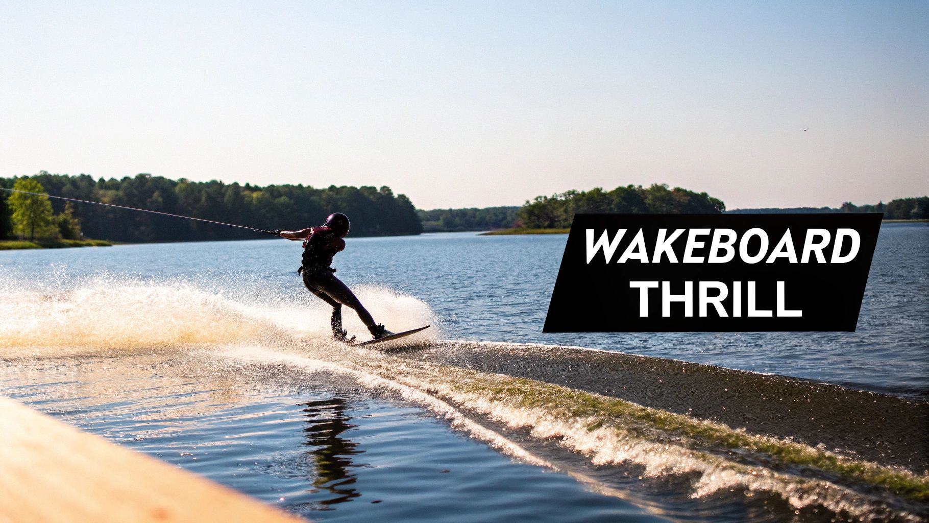 A person wakeboarding on a sunny lake, creating a powerful spray, with 'WAKEBOARD THRILL' text.