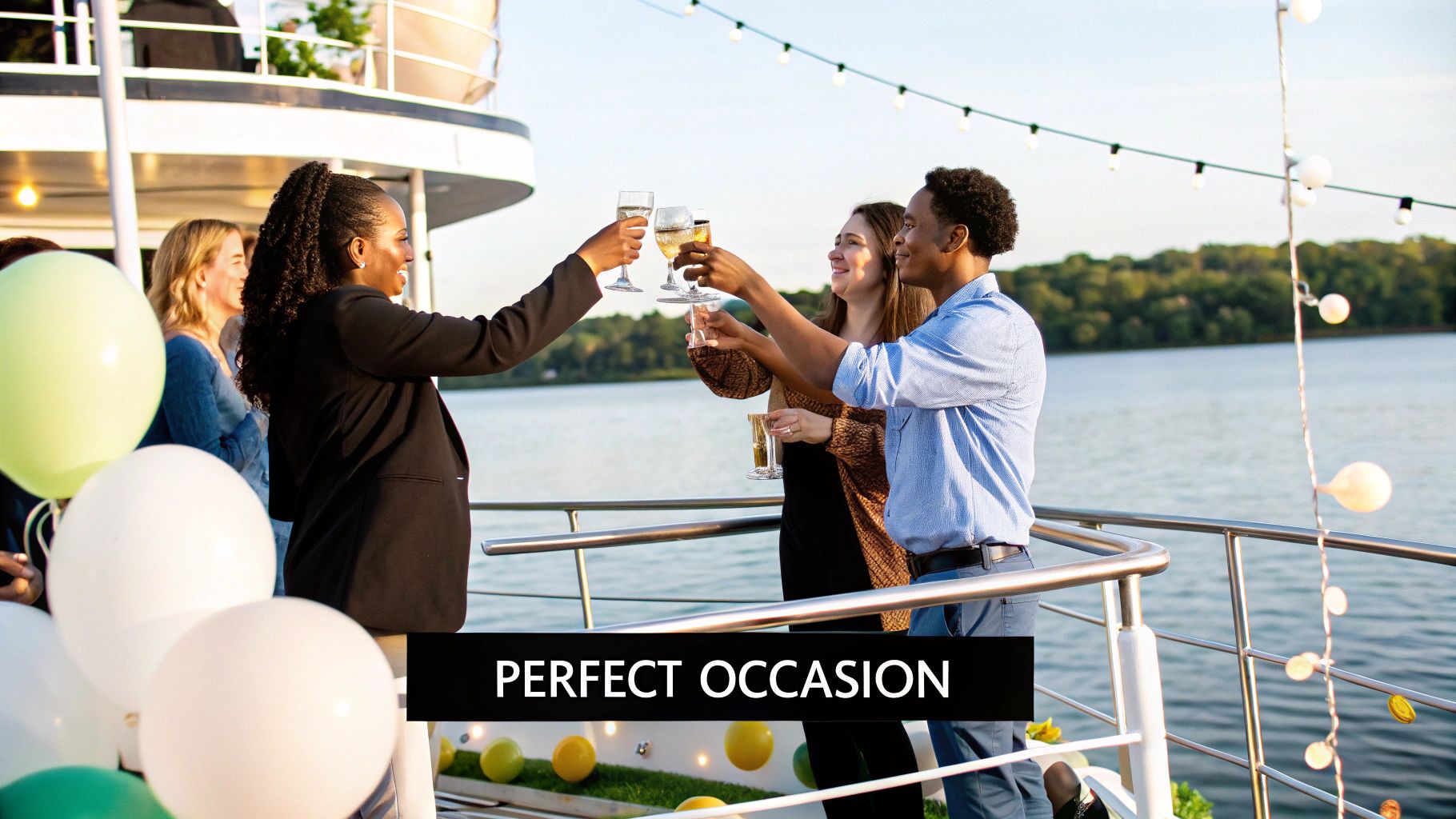 Happy people toasting with drinks on a boat deck, enjoying a celebration by the lake.
