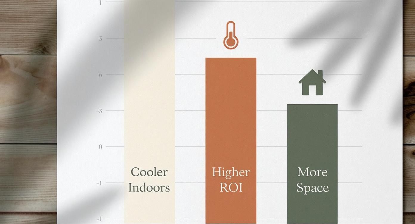 Bar chart showing three benefits: Cooler Indoors, Higher ROI with a thermometer icon, and More Space with a house.