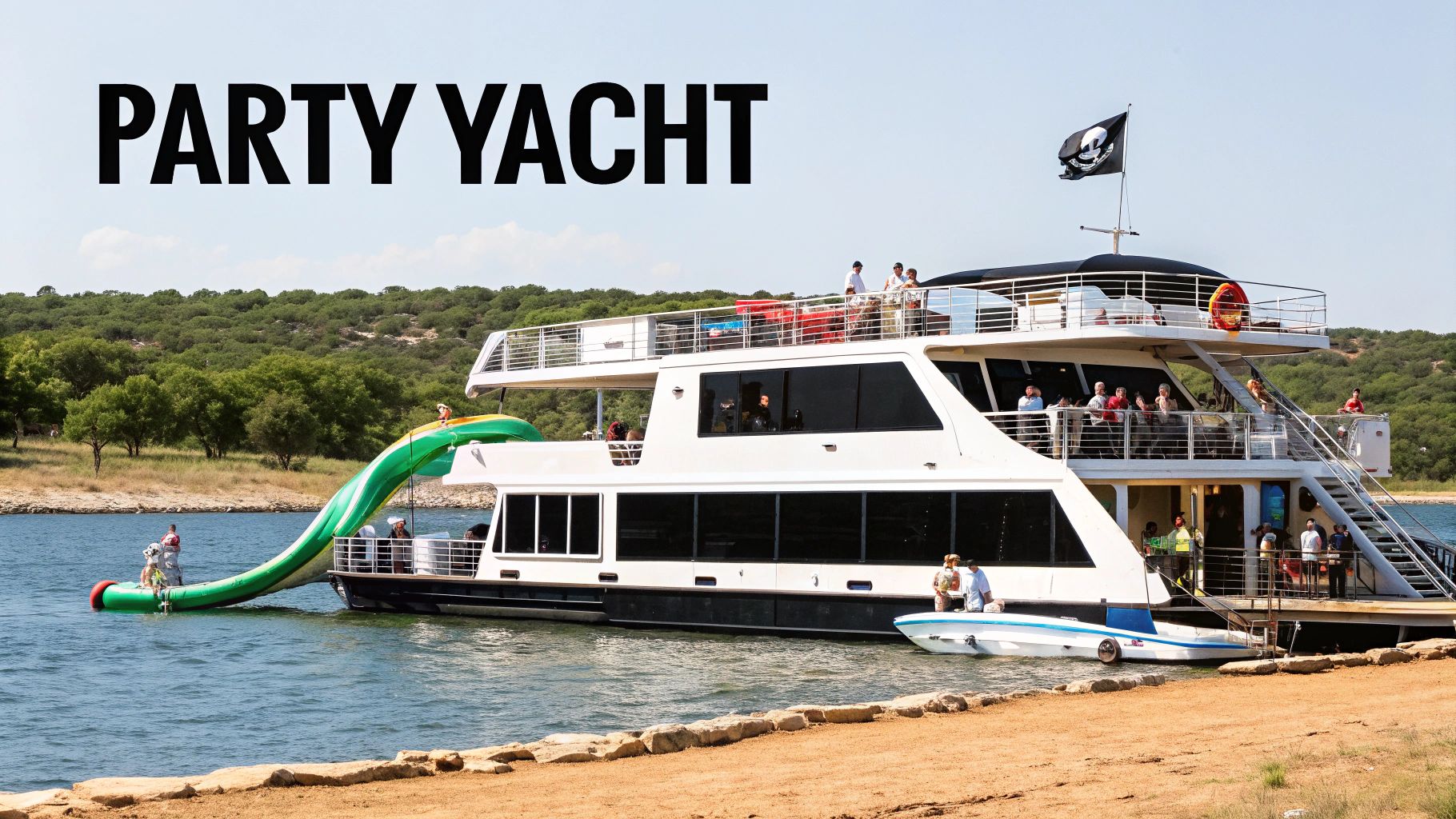 A large white multi-level party yacht with a green water slide docked on a sunny lake.
