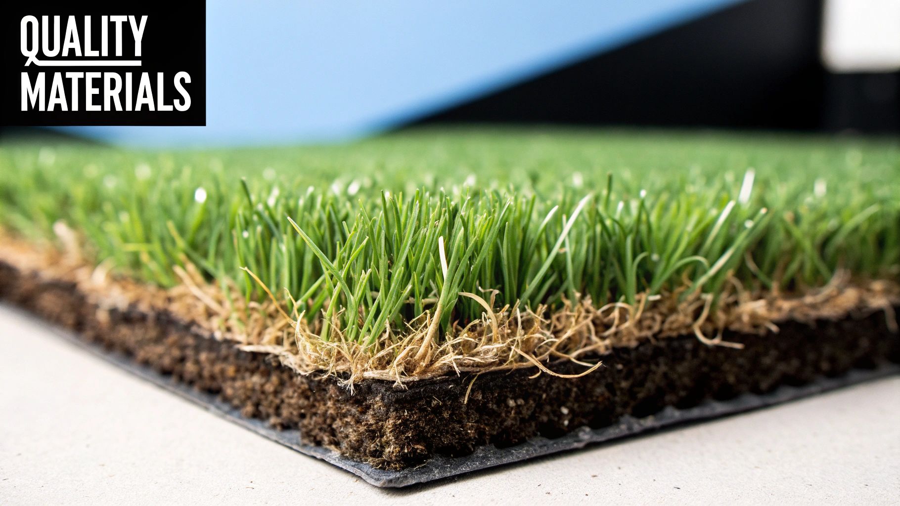 Close-up of high-quality artificial turf cross-section, showing green blades, brown roots, and a black base layer.