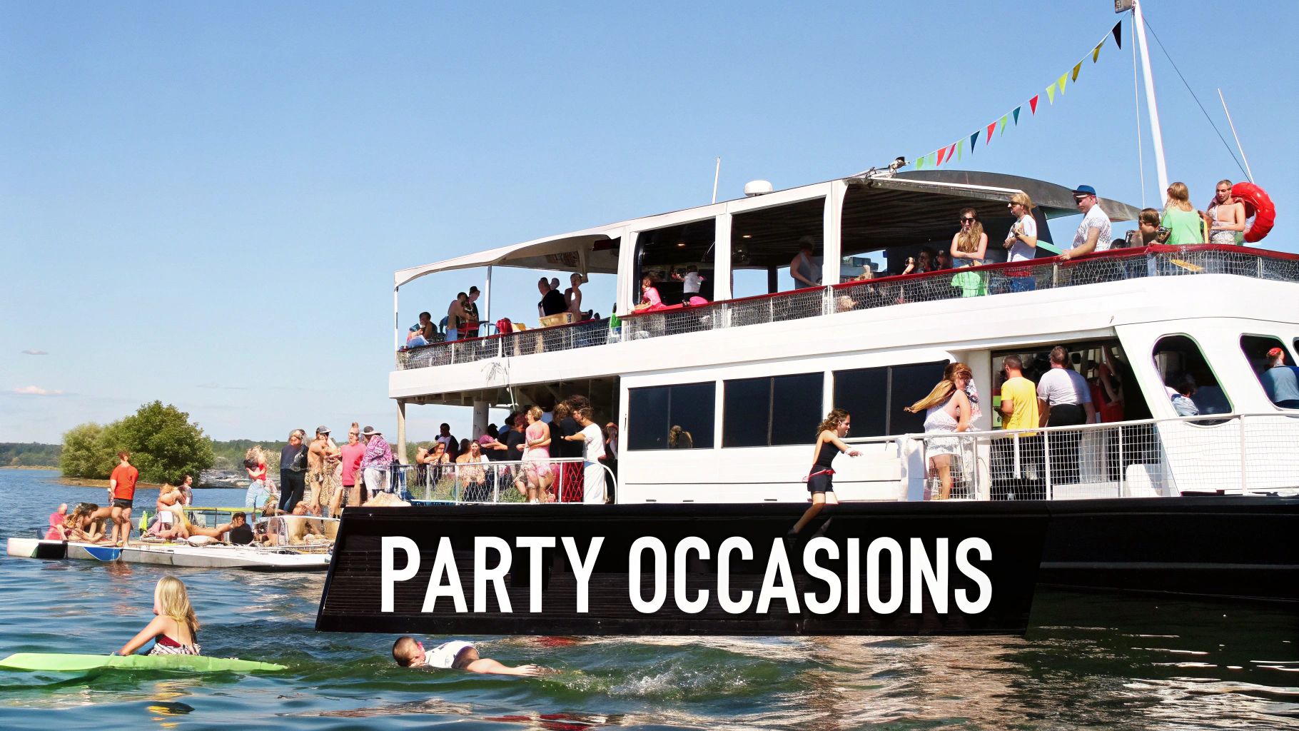 A group of friends having fun on a double deck party boat