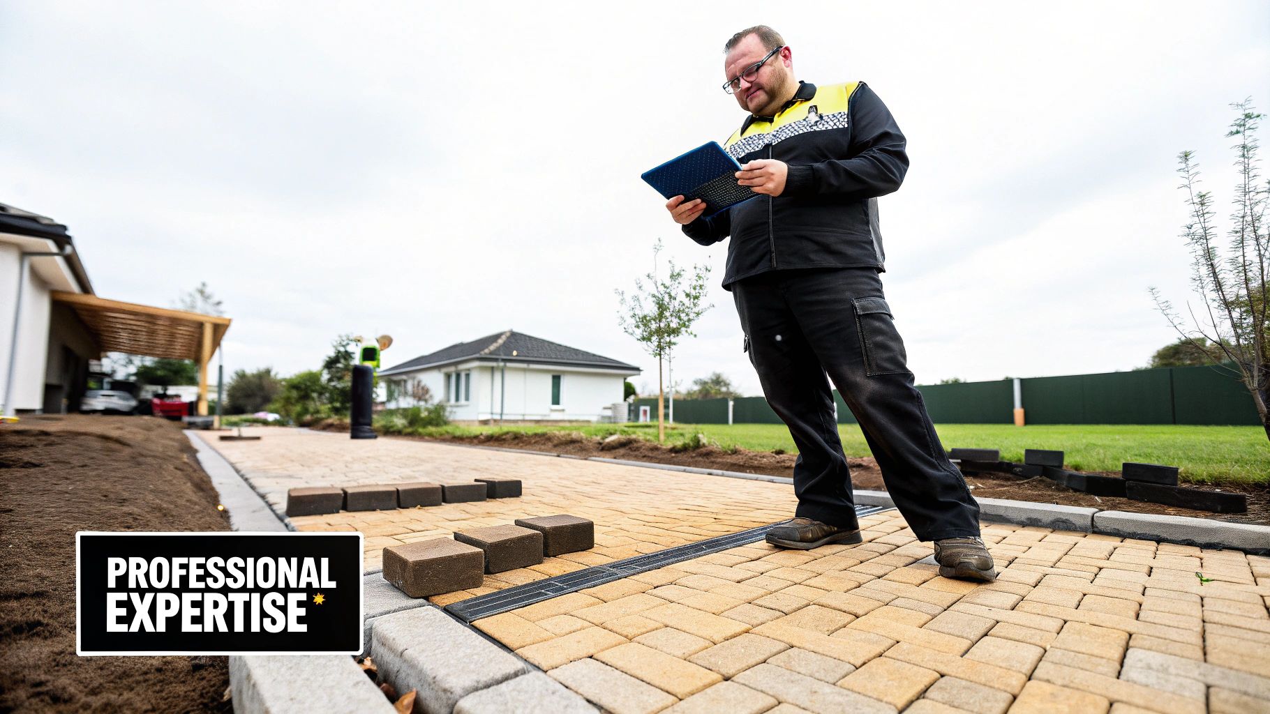 A professional oversees paver installation, reviewing plans on a tablet at a residential construction site.
