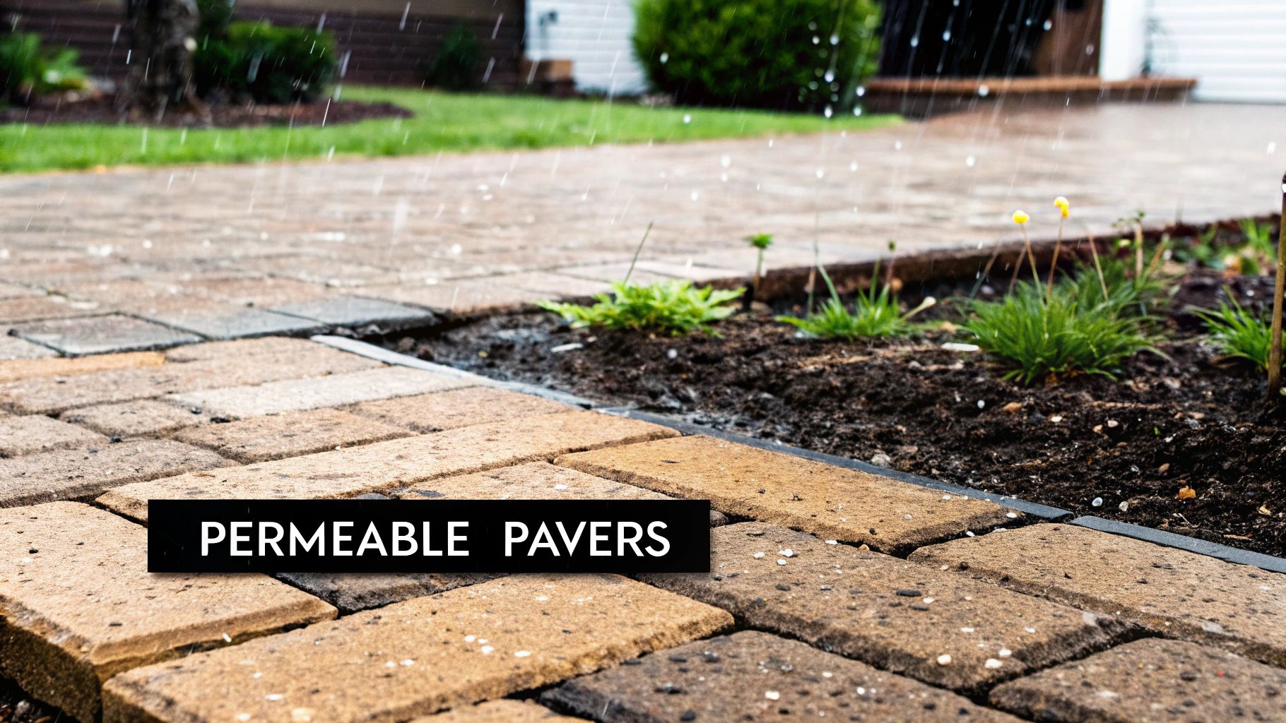 Close-up of tan permeable brick pavers with rainwater soaking into the ground next to a small garden.