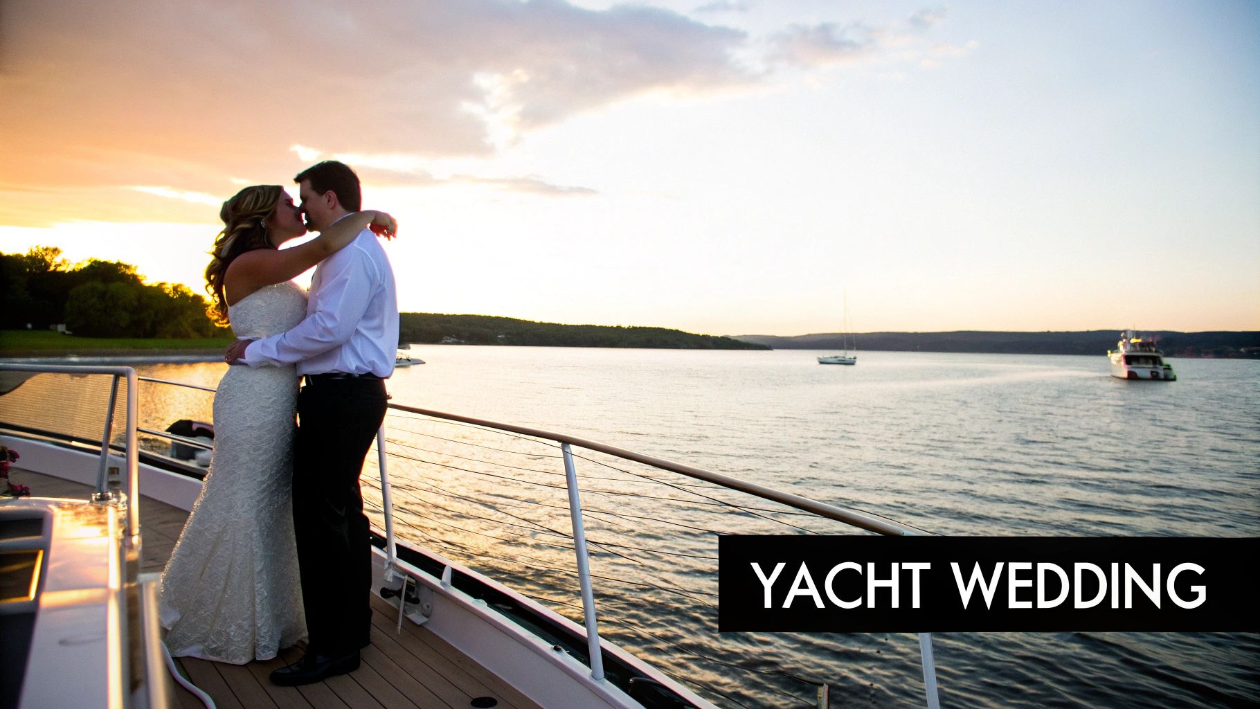 Couple celebrating their wedding on a yacht at sunset on Lake Travis