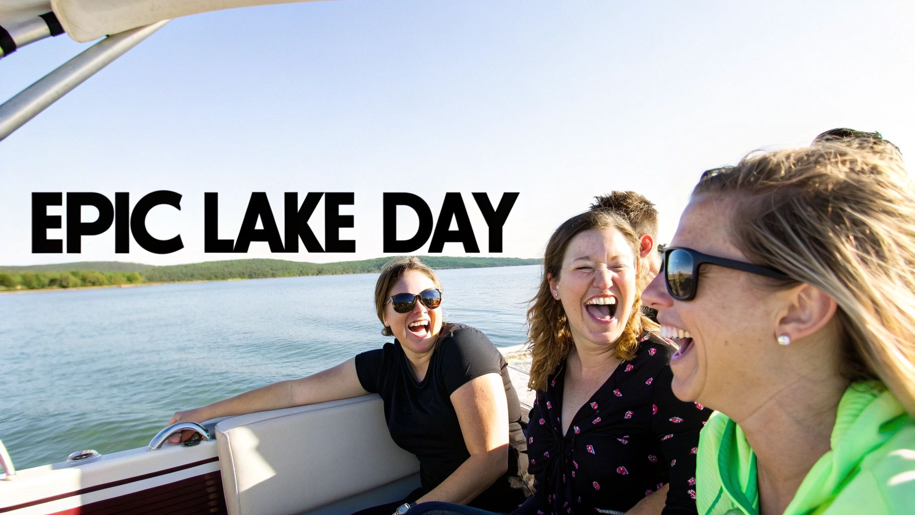 Three friends laughing heartily on a boat, enjoying an epic lake day with scenic water and trees in the background.