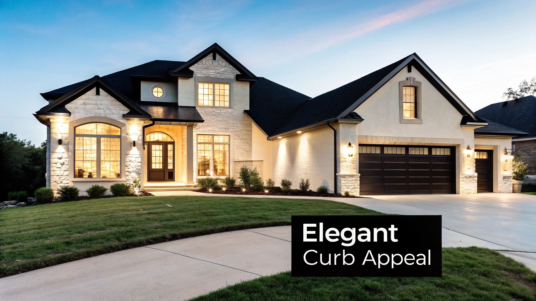 A grand, modern house at dusk with elegant exterior lighting illuminating its stone and stucco facade.