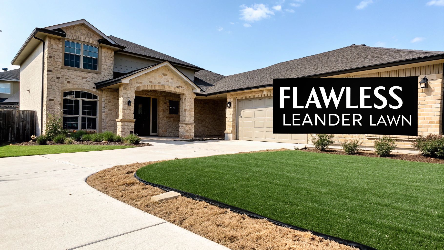 A professionally installed artificial turf lawn in a Leander backyard, looking green and perfect.