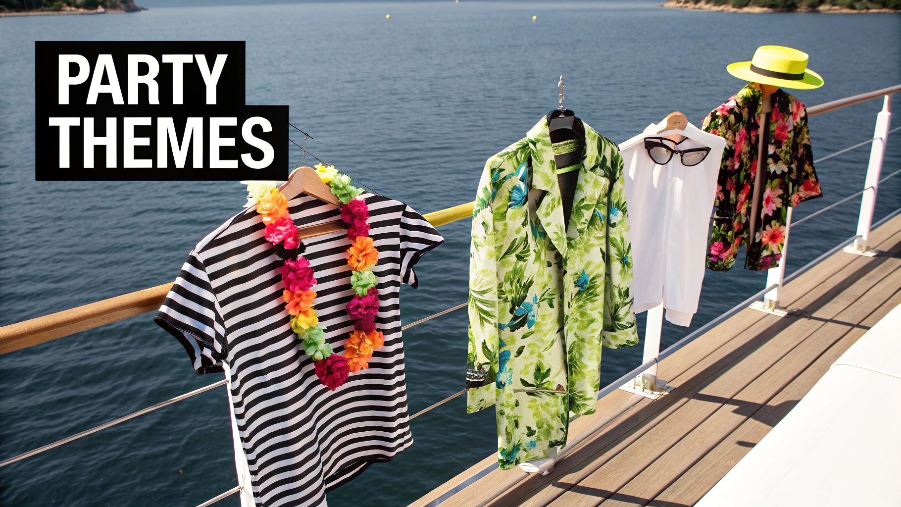 A collection of party-themed outfits, including tropical and striped attire, hanging on a boat.