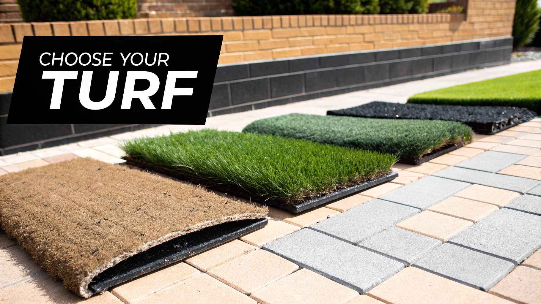 A close-up shot of different samples of artificial turf, showing variations in blade length, color, and texture.