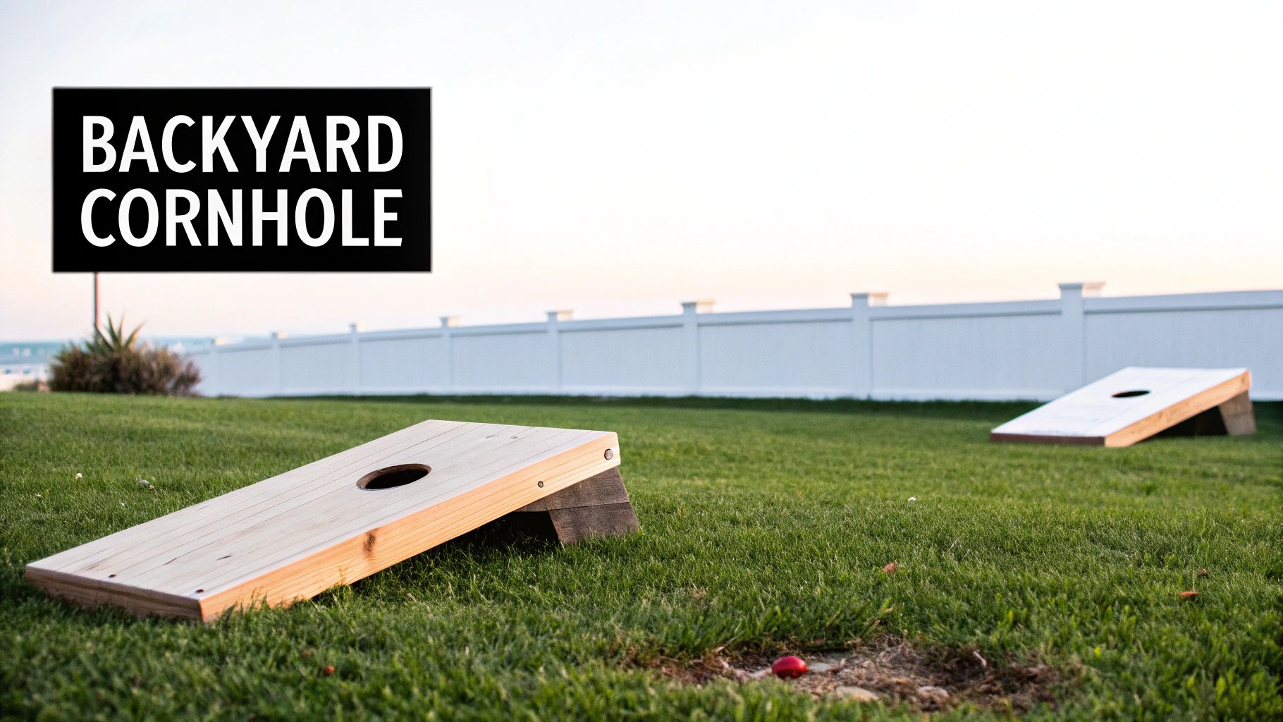 Two wooden cornhole boards set up on a green backyard lawn with a white fence and a 'BACKYARD CORNHOLE' sign.