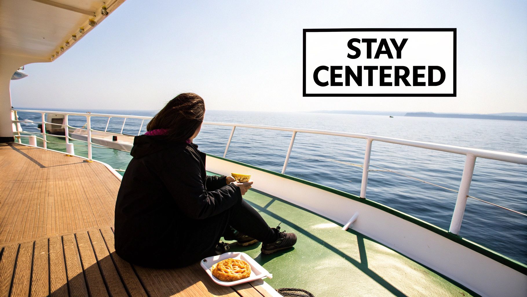 Woman relaxing on ferry deck enjoying calm ocean view while staying centered and preventing seasickness