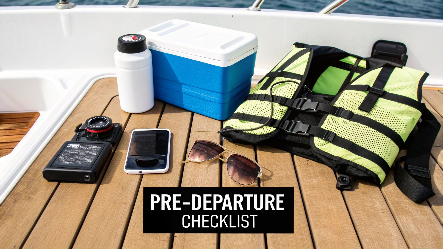 A boat pre-departure checklist: life jacket, cooler, water bottle, phone, and sunglasses on a wooden deck.