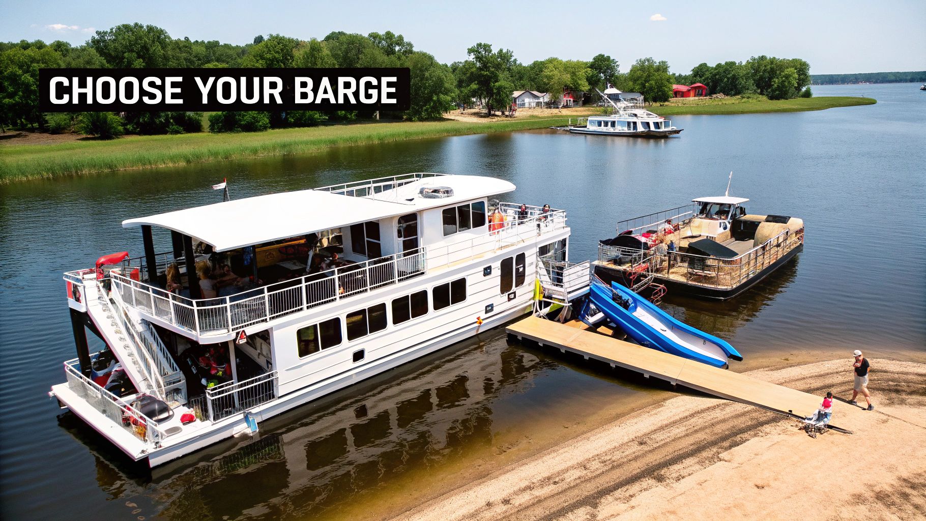 Two party barges docked at a sandy shore on a sunny lake, with people and a blue slide.