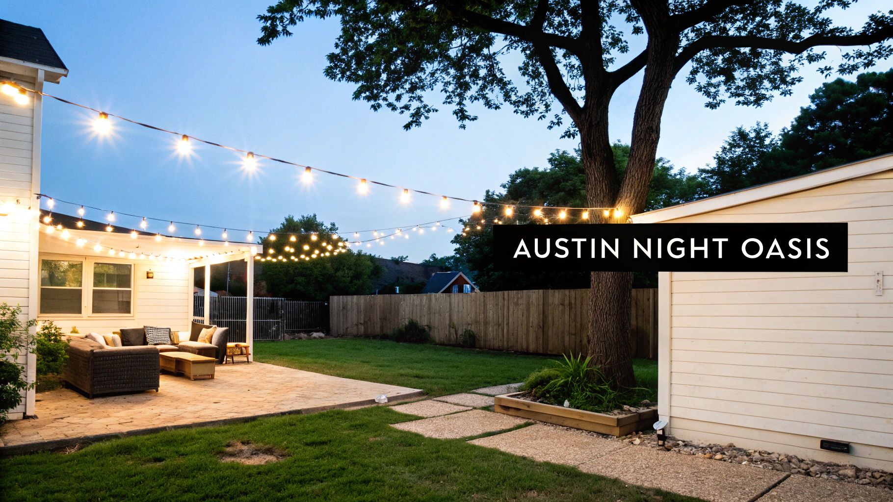 An inviting Austin backyard patio illuminated by string lights, with outdoor seating at dusk.