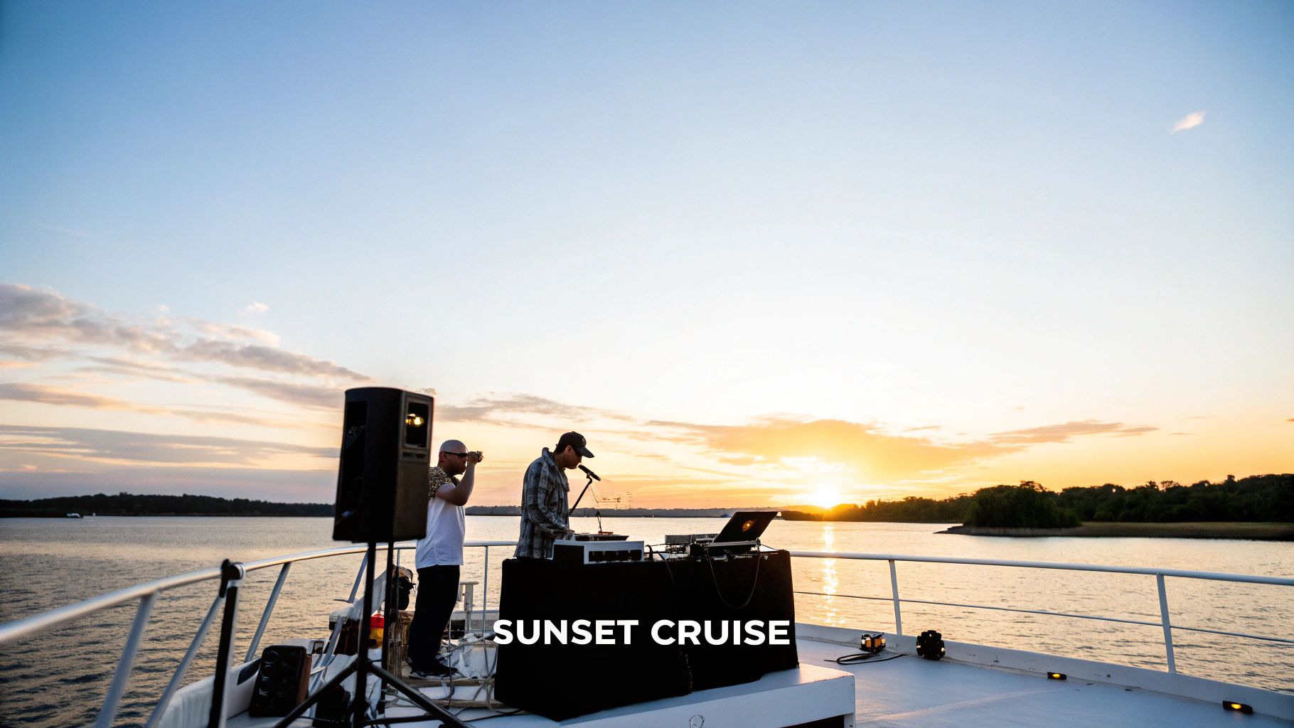 A DJ performs on a boat during a stunning sunset cruise, with a photographer nearby.