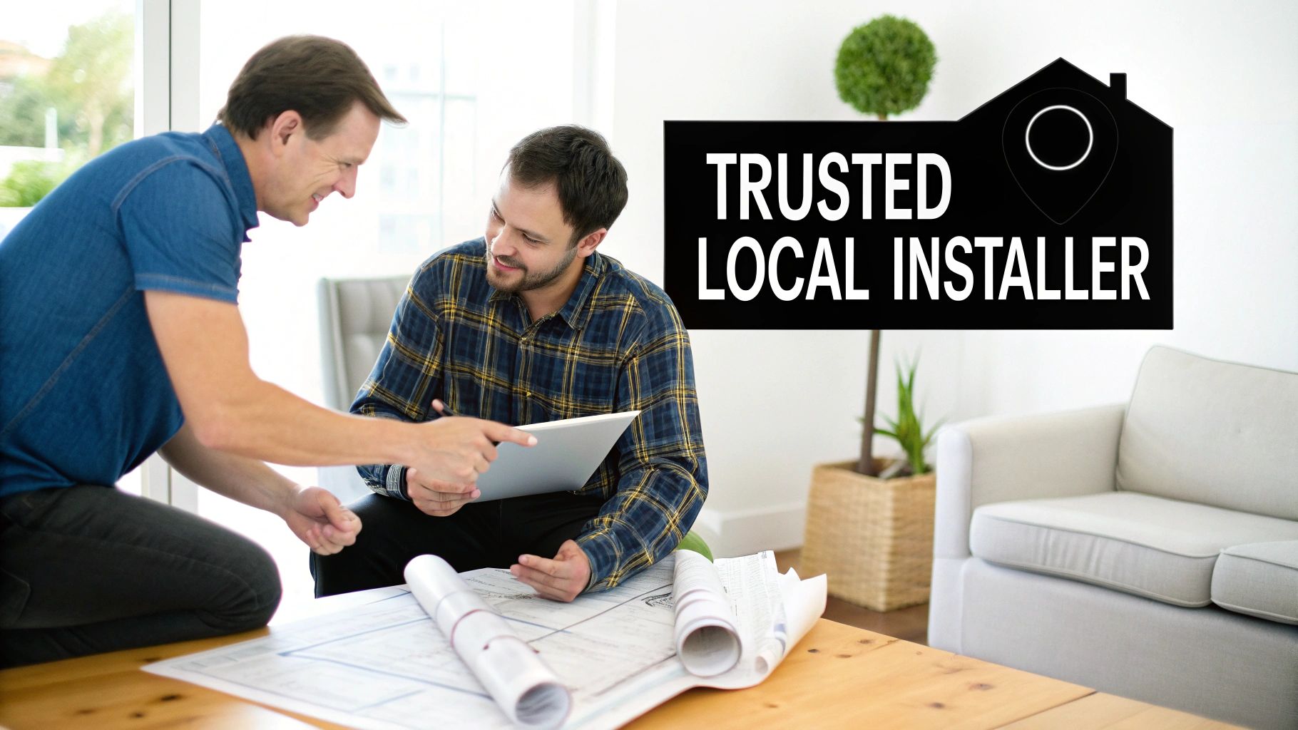 Two men, one pointing at a tablet, discuss blueprints, with a "Trusted Local Installer" overlay.