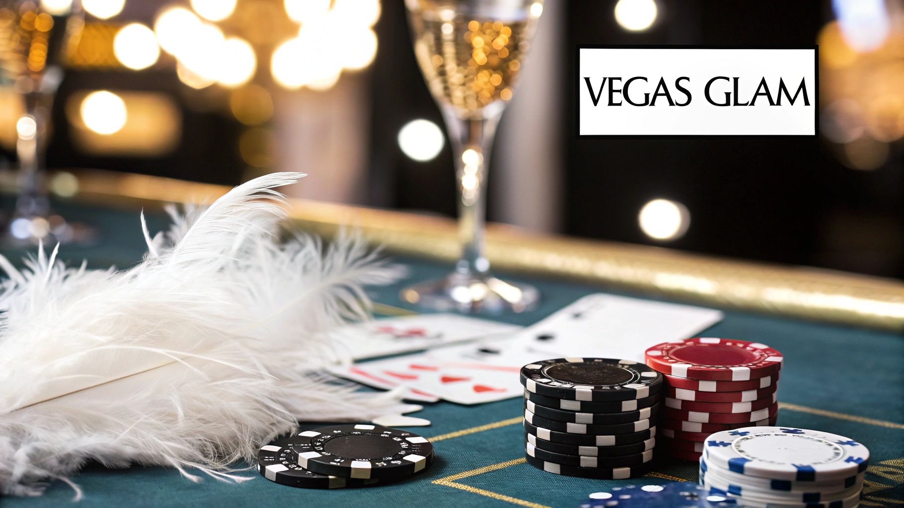 A glamorous casino table with poker chips, playing cards, white feathers, and a champagne glass, ideal for a Vegas-themed party.