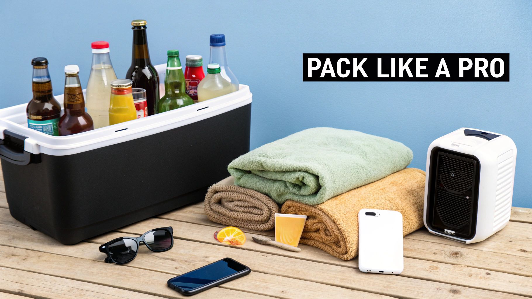 Outdoor packing essentials including a cooler with drinks, towels, sunglasses, phones, and a portable heater.
