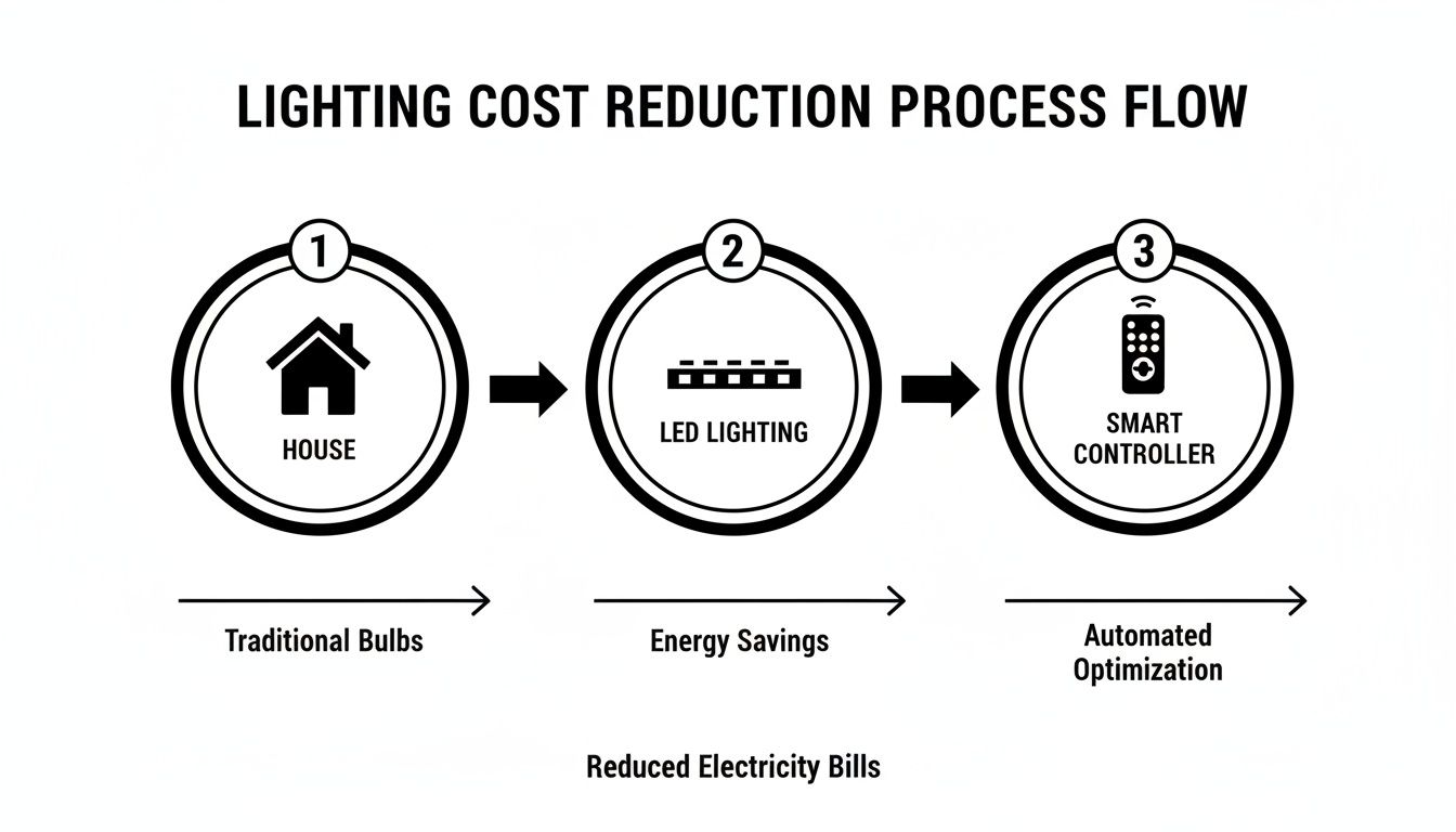 Infographic illustrating a three-step process to reduce lighting costs with LED and smart controllers.