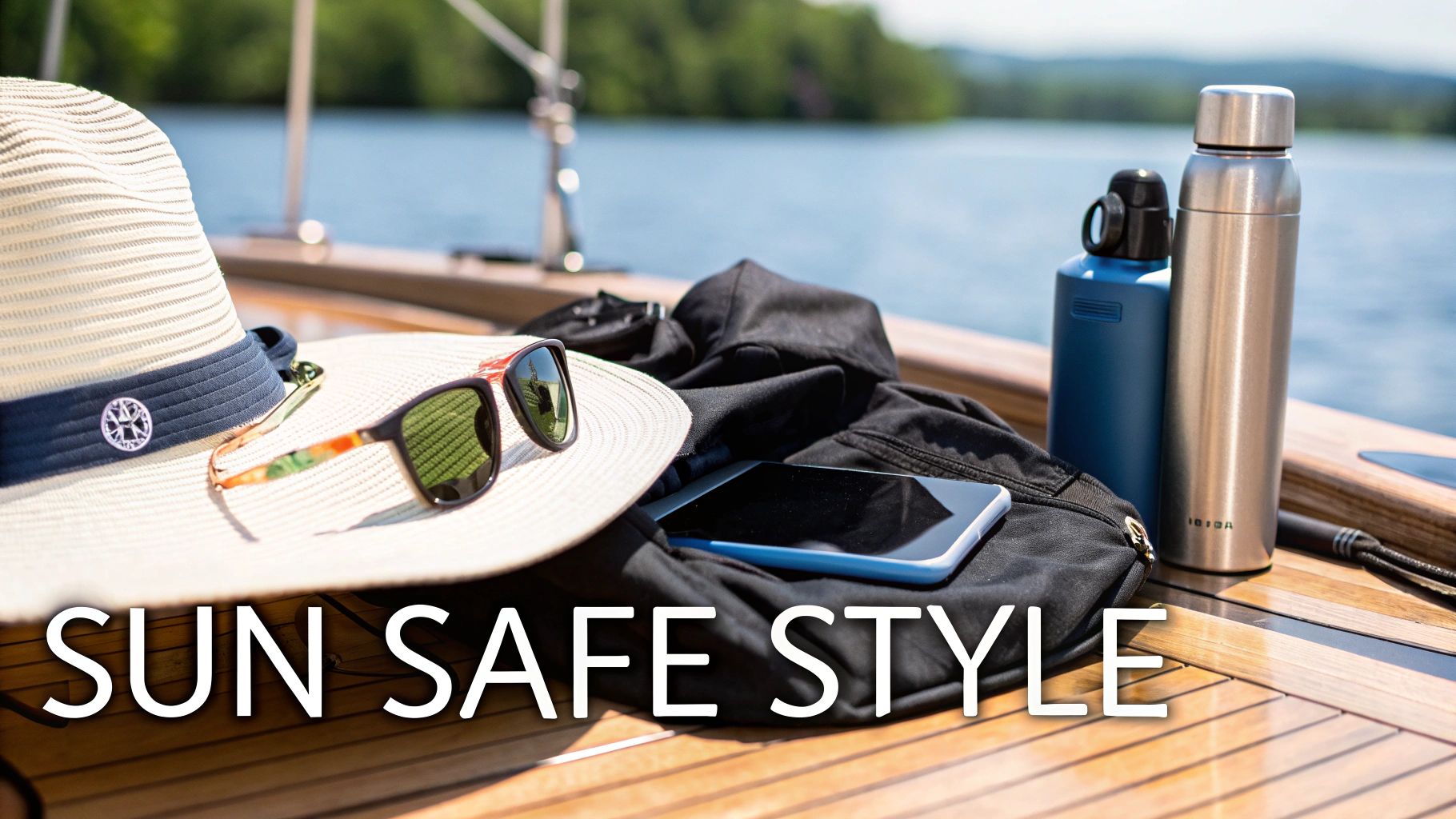 Stylish sun protection essentials including a hat, sunglasses, and water bottles on a boat deck.