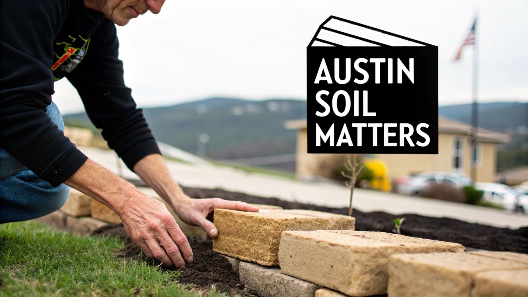 Hands meticulously place a light-colored paver into dark soil next to green grass, with "Austin Soil Matters" logo visible.