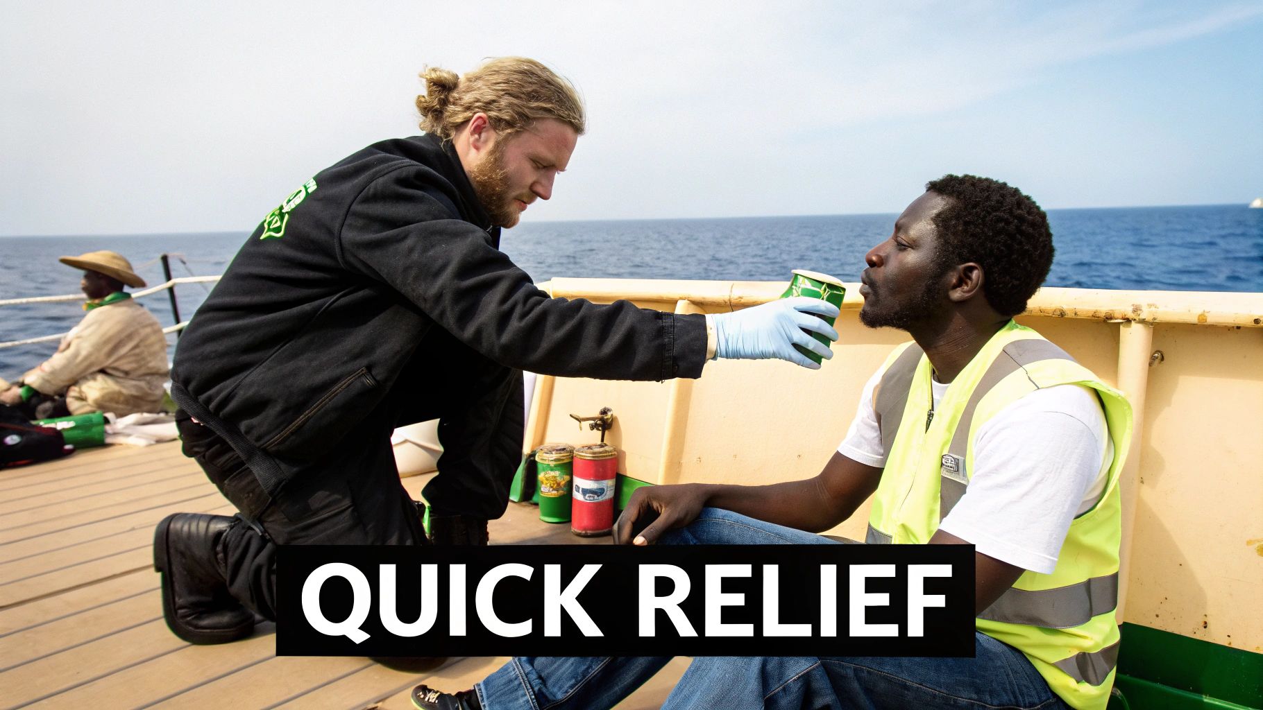 Medical professional providing first aid care to person experiencing seasickness on boat deck