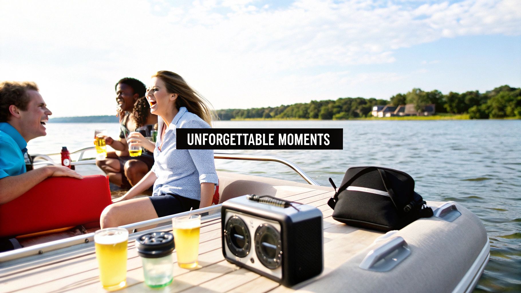 Friends laughing and having a great time on a pontoon boat on Lake Travis.
