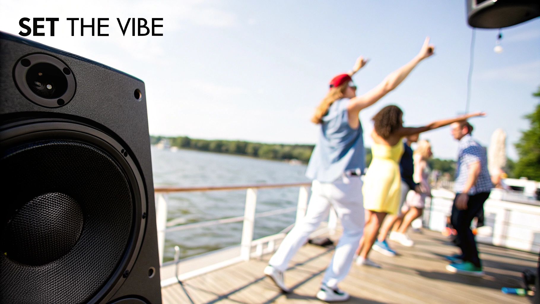 A black speaker in the foreground with people dancing on a boat under a sunny sky, text 'SET THE VIBE'.