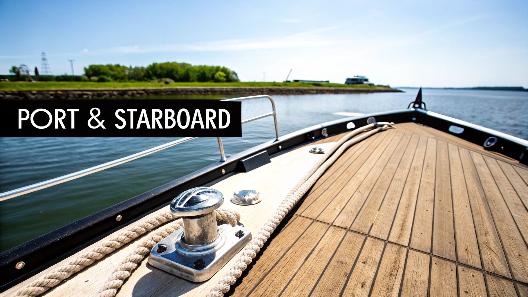 View from the bow of a boat with a wooden deck, showing water, distant shore, and a 'PORT & STARBOARD' banner.