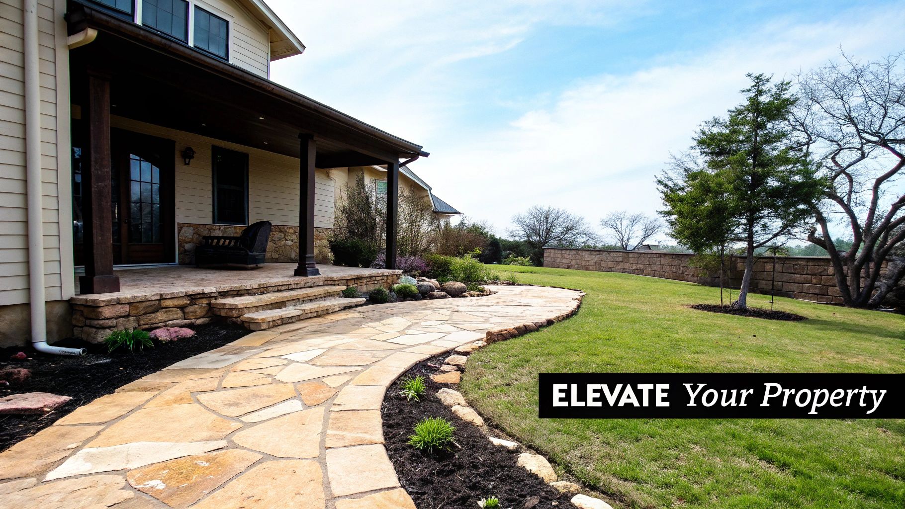 A beautiful house with a stone patio, steps, and winding pathway in a lush green yard.