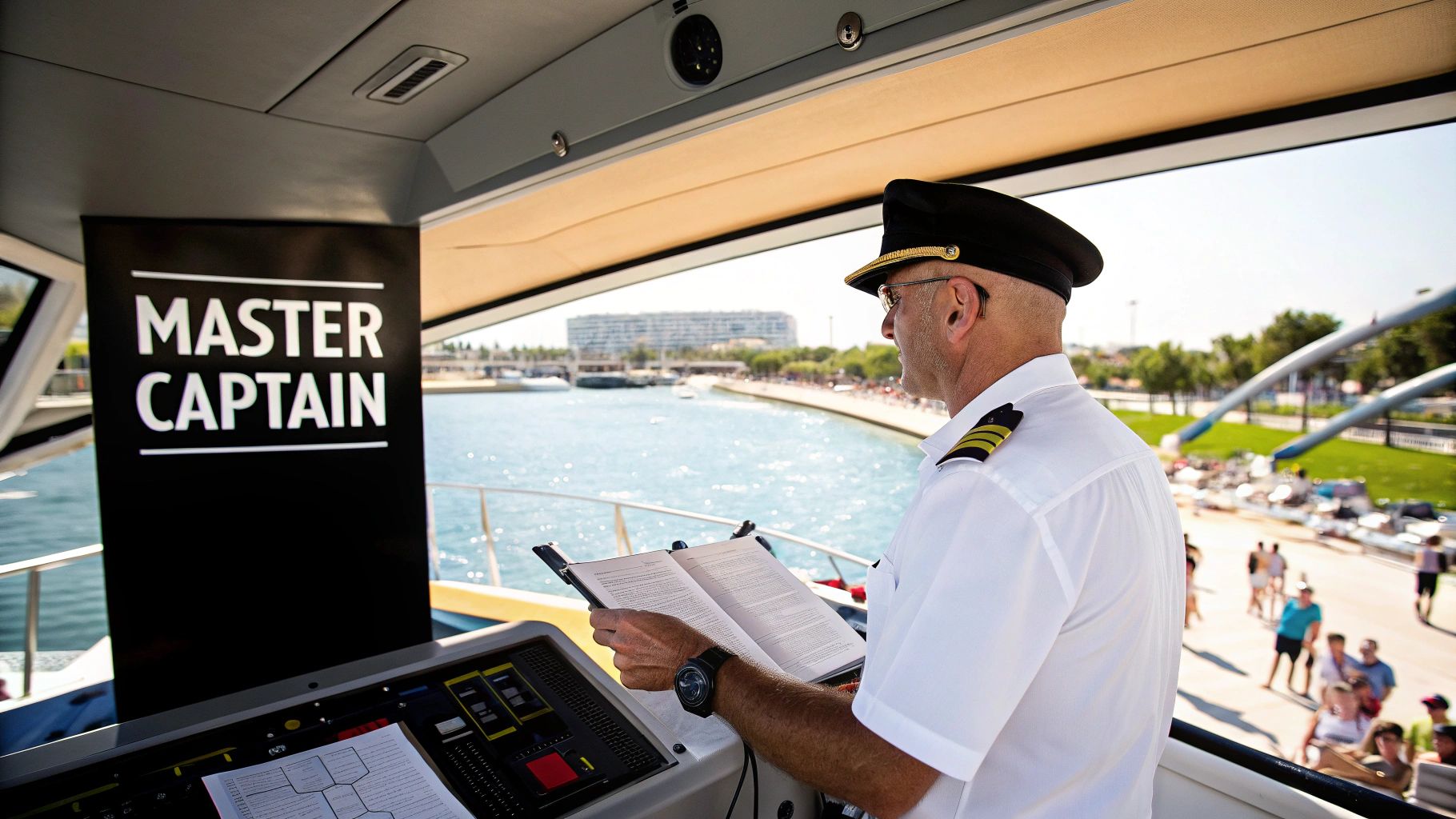 A bald captain in uniform at a boat's helm, reading a book with a "MASTER CAPTAIN" sign.