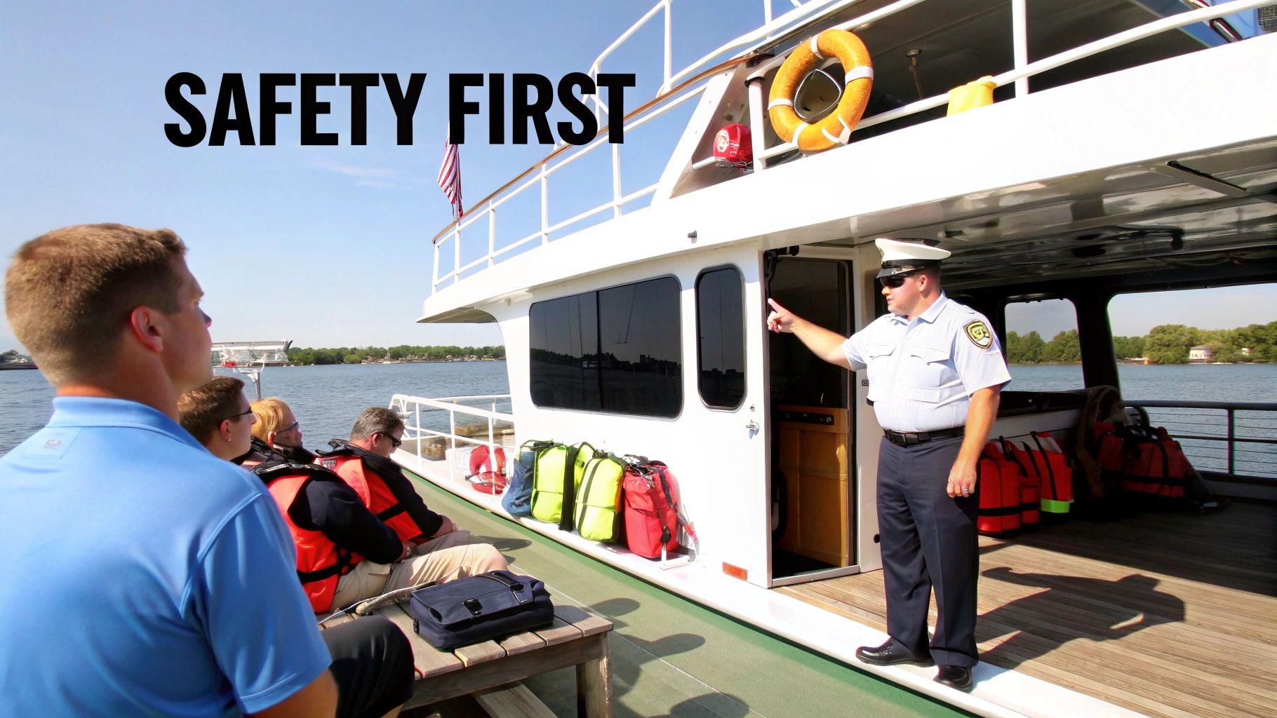 A boating safety officer instructs passengers wearing life vests on a boat, with 'SAFETY FIRST' text.