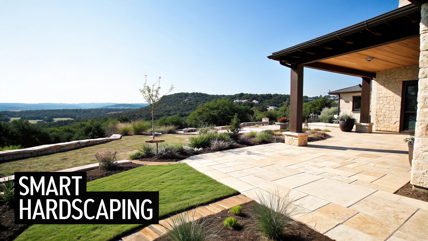 A spacious stone patio and covered porch offer expansive views of a green valley landscape.
