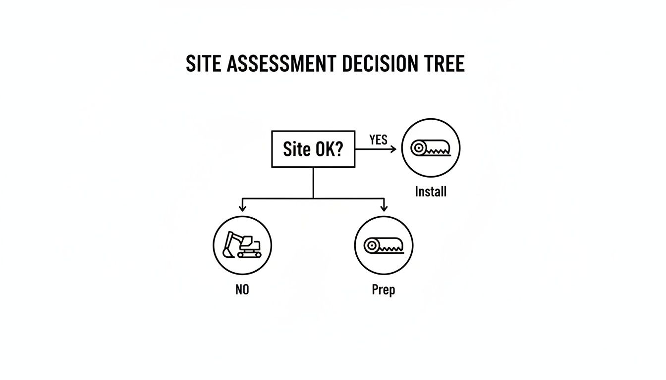 A decision tree for site assessment, leading to artificial turf installation, excavation, or site preparation.