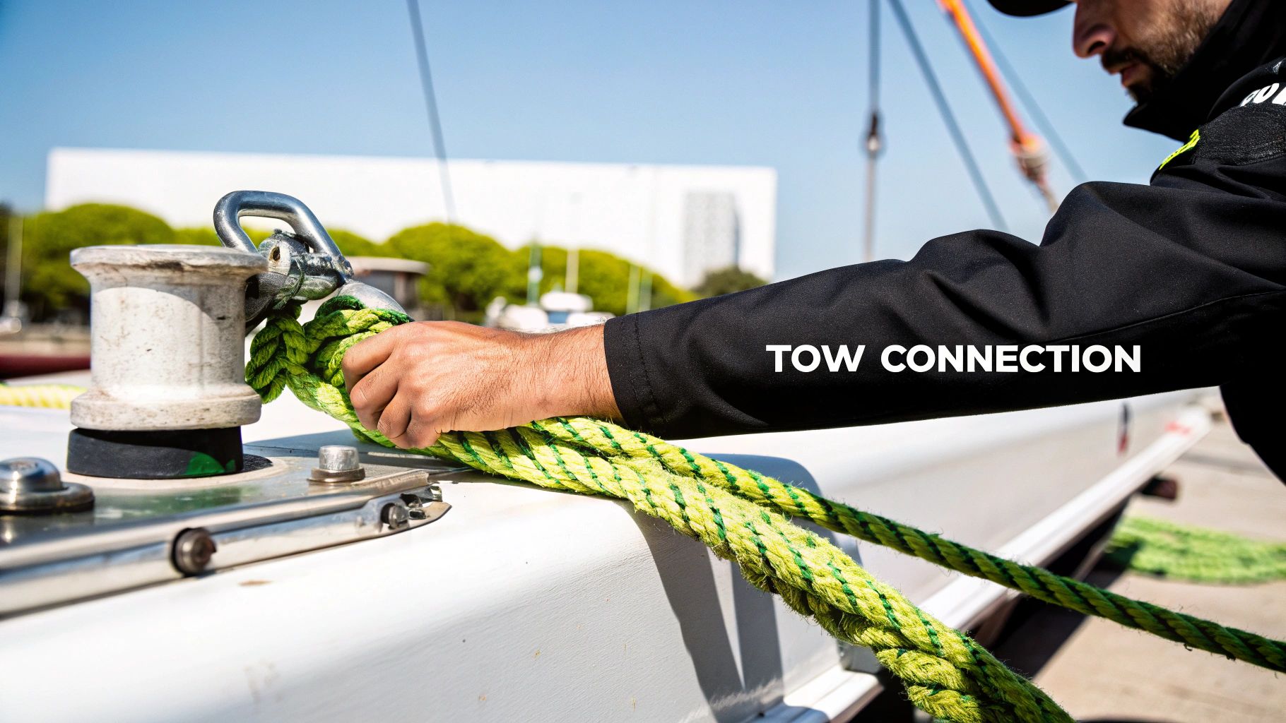 Close-up of a person's hand connecting a bright green tow rope to a boat shackle.