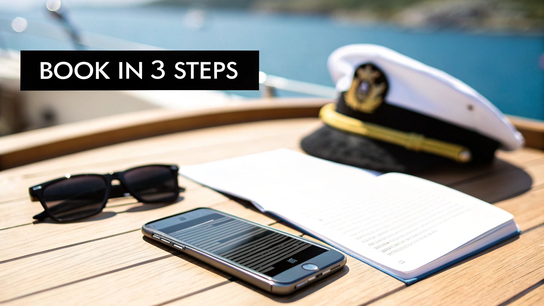 A captain's hat, sunglasses, smartphone, and book on a wooden boat deck, with a 'BOOK IN 3 STEPS' banner.