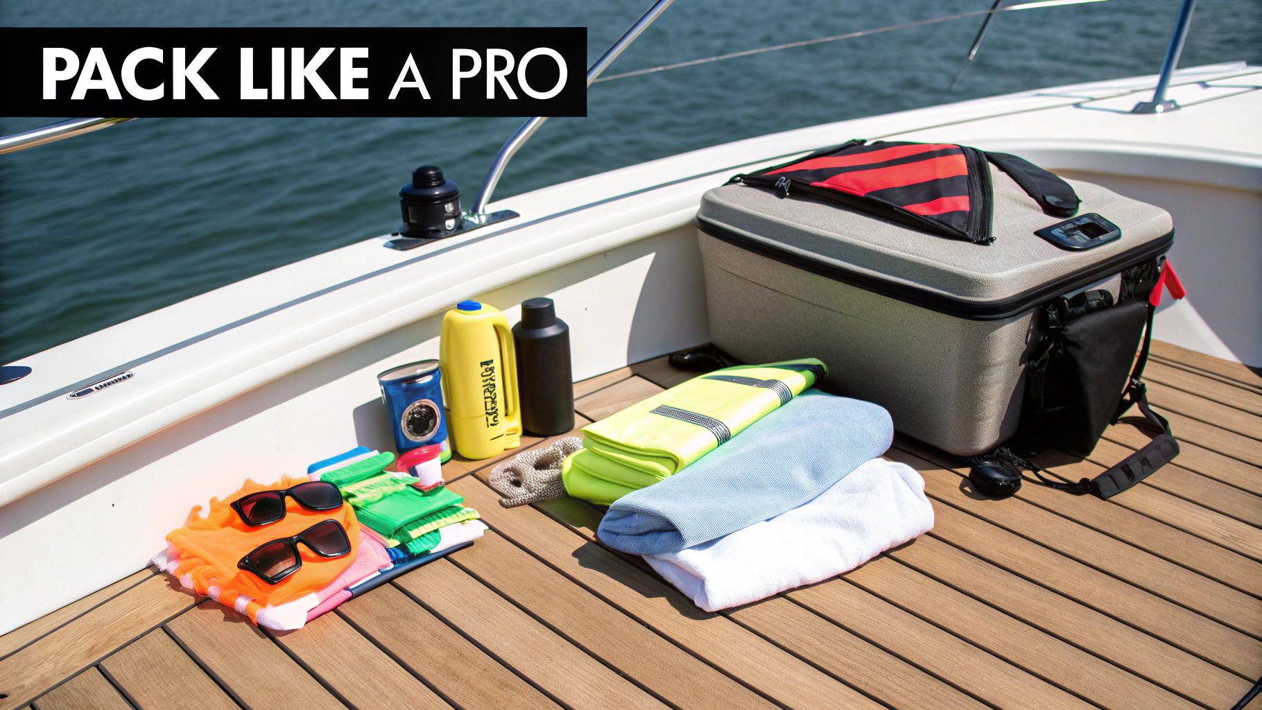 Various essentials packed neatly on a boat deck for a trip, including towels, sunglasses, and a cooler.